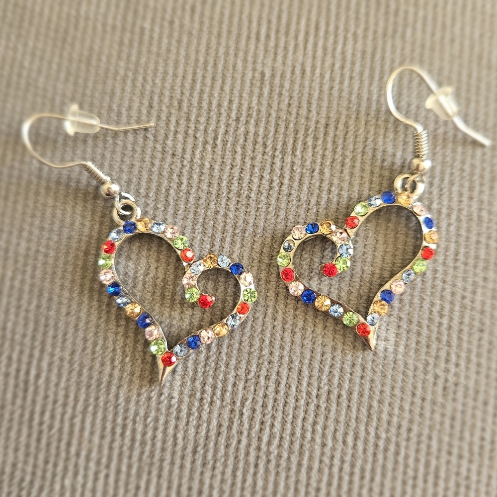 Nwot Multicolor Rhinestone Open Heart Drop Earrings